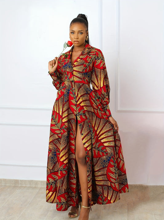 Vestido elegante de talla grande con estampado floral, abertura frontal y detalle de cuello, estilo informal, mezcla de poliéster, colección primavera/otoño.