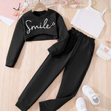 Girls 3pcs Cartoon Smile Pattern Long Sleeve Sweatshirt Comfy Pullover + Solid Vest＋Sweatpants Set For Spring Fall Outdoor Wear