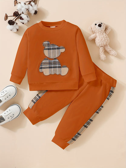 Adorable 2pcs Outfit For Toddler Girls &amp; Boys - Bear Embroidery Sweatshirt &amp; Splicing Pants! Outdoor Clothes