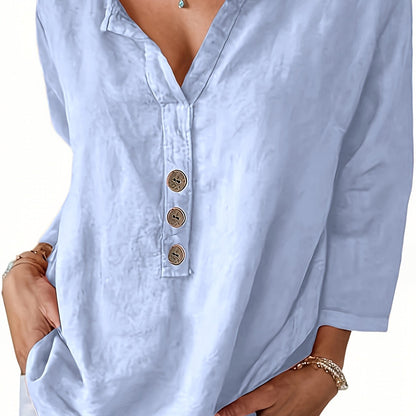 V-Neck Button-Up Top - Loose Fit Solid Color Pullover, Fashionable Casual V-Neck Shirt for Women, Relaxed Fit, Non-Stretch Cotton Linen Blouse