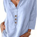 V-Neck Button-Up Top - Loose Fit Solid Color Pullover, Fashionable Casual V-Neck Shirt for Women, Relaxed Fit, Non-Stretch Cotton Linen Blouse