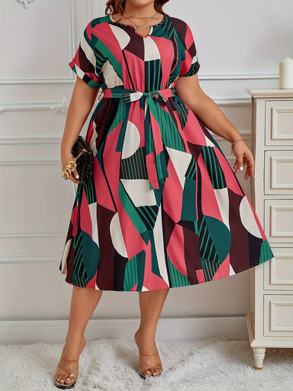 Vestido con estampado tropical y mangas murciélago, talla grande, escote en V, cintura con cinturón, poliéster ligero, lavable a máquina, ideal para vacaciones de verano. Vestidos de verano de talla grande.