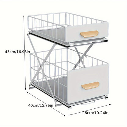 Closet Folding Storage Rack, 2-Layer Pull-Out Spice Rack, Wooden Handle, For Sink Countertop Closet, 26x40x43cm