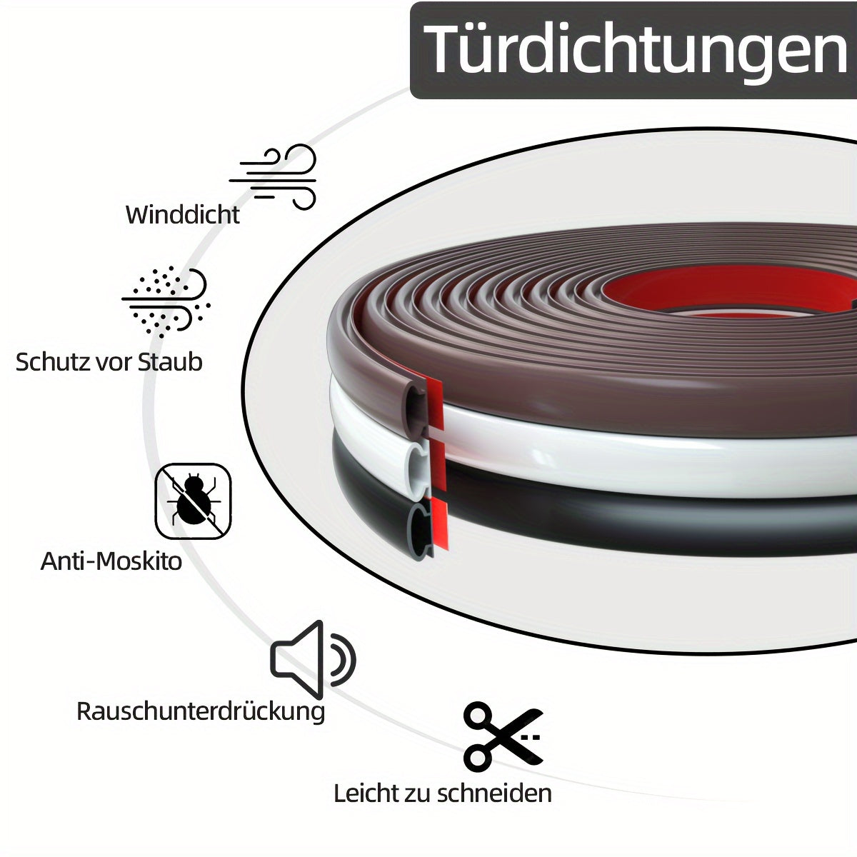 10-Foot Self-Adhesive Rubber Door Seal Strip - D-Shape Insulation & Soundproofing for Doors and Windows, Fits Gaps 1/10" to 4/17", Available in Black, White, Brown