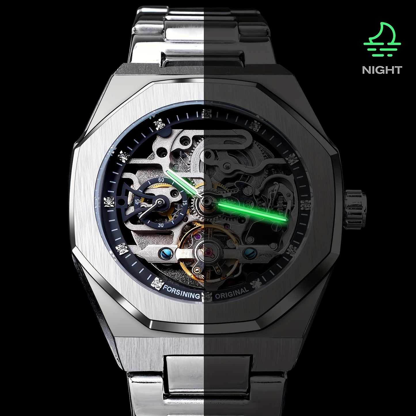 Reloj mecánico automático para hombre: esqueleto de diamantes de imitación 3D, acero inoxidable, estilo deportivo y profesional, regalo perfecto.