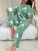[Home Relaxation] Cozy & Warm Women's Fleece Pajama Set in Green with White Cartoon Rabbit Pattern - Soft Polyester, Anti-Static, Machine Washable - Elegant Home Loungewear with Round Neck Top & Pants for Fall/Winter, Plus Si