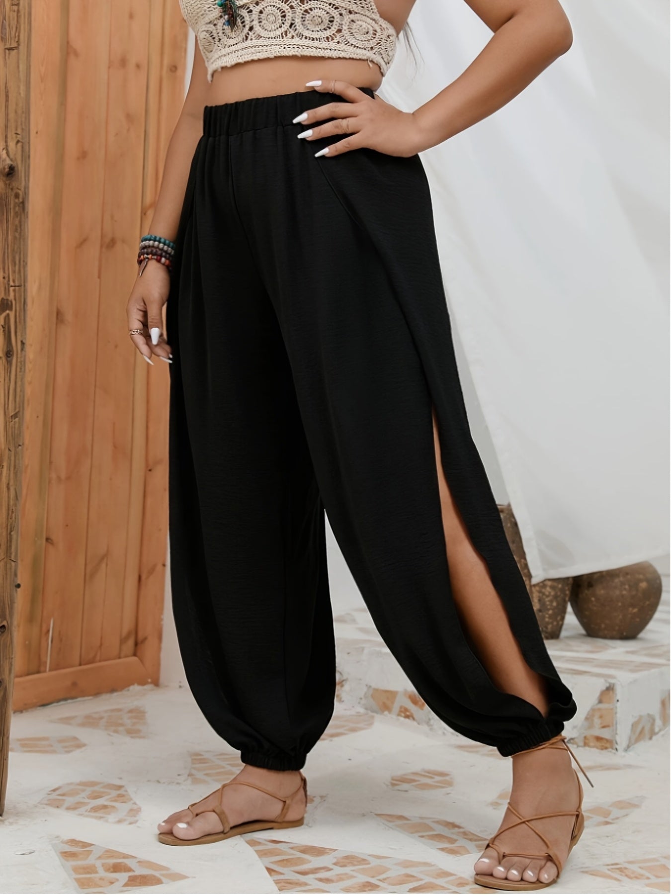 Women's Open Side Slit Athletic Pants - Casual Solid Color Non-Stretch Machine Washable Yoga Lounge Pants with Breathable Design for All Seasons, Everyday Comfort | Stylish Side Slit | Nonstretch Fabric