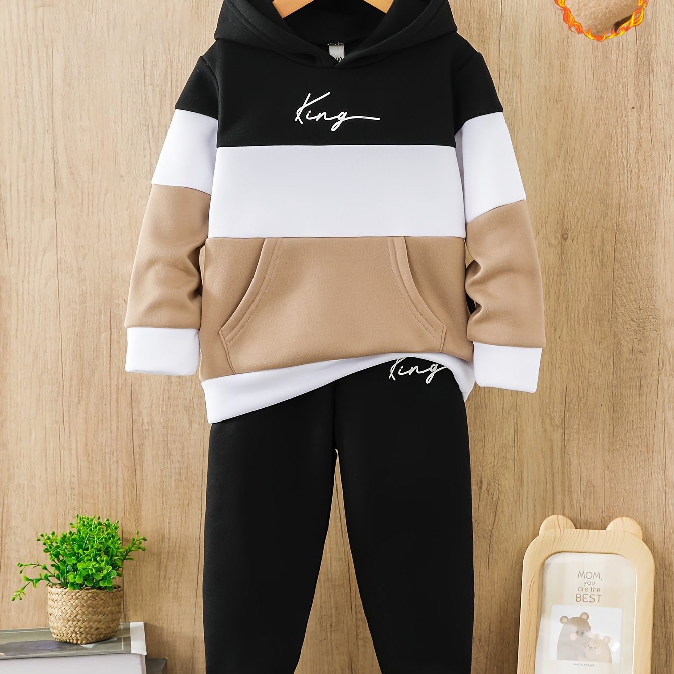 Cozy Boys' Fleece-Lined Hoodie &amp; Joggers Set - KING Letter Print, Casual Sportswear for Fall/Winter, Perfect for Outdoor