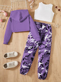 Girls' 3pcs Trendy Outfit Set: Hooded Crop Top, Letter Print Vest &amp; Camo Joggers - Machine Washable Polyester Blend for Fall/Winter, Perfect for Outdoor