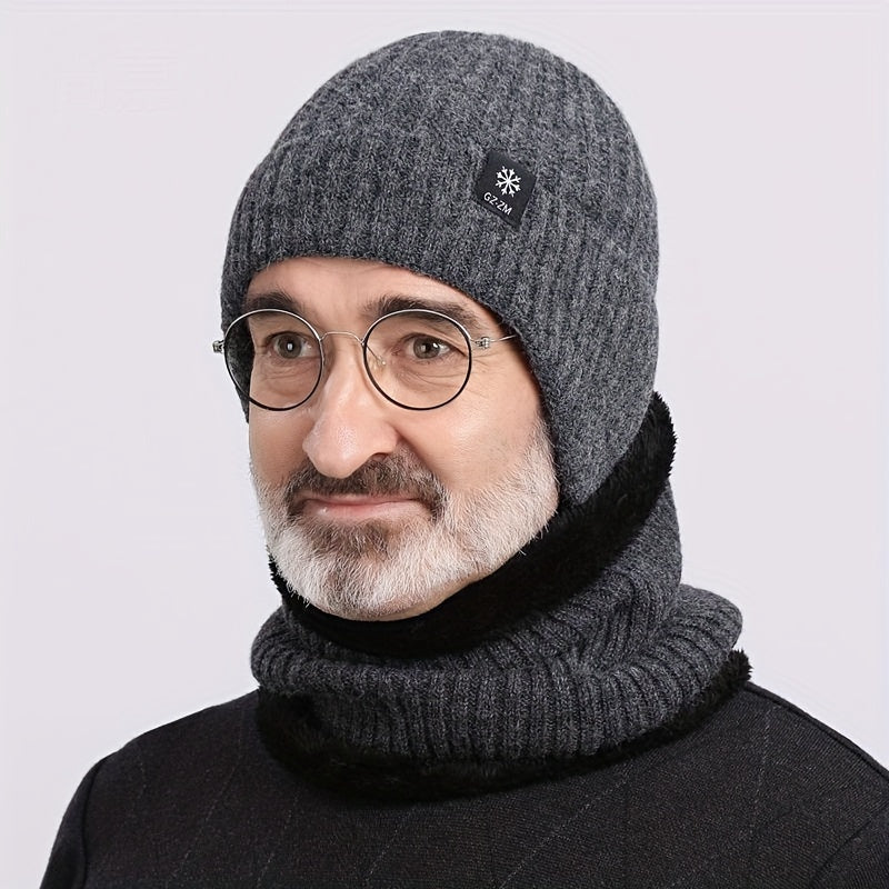 Men's Winter Knit Beanie with Ear Flaps - Thick, Warm & Cozy for Middle-Aged and Elderly - Gray, Autumn, Fleece