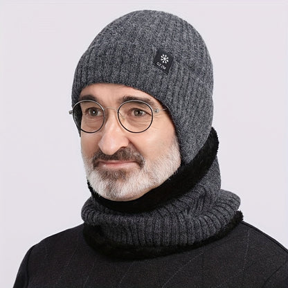 Men's Winter Knit Beanie with Ear Flaps - Thick, Warm & Cozy for Middle-Aged and Elderly - Gray, Autumn, Fleece
