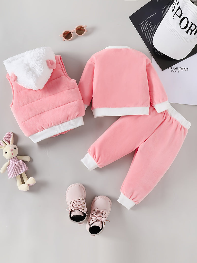 Conjunto de 3 piezas para niña: sudadera de manga larga, pantalón y chaleco con capucha, con bonito diseño de conejo bordado, ideal para otoño e invierno.
