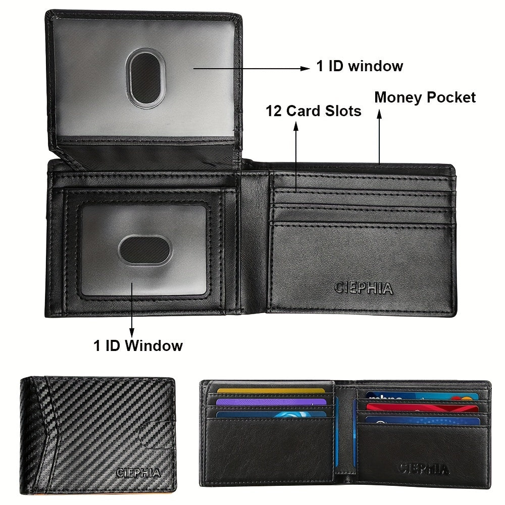 Cartera delgada plegable para hombre, tarjetero con bloqueo RFID, dos ventanas para identificación y pinzas para billetes.