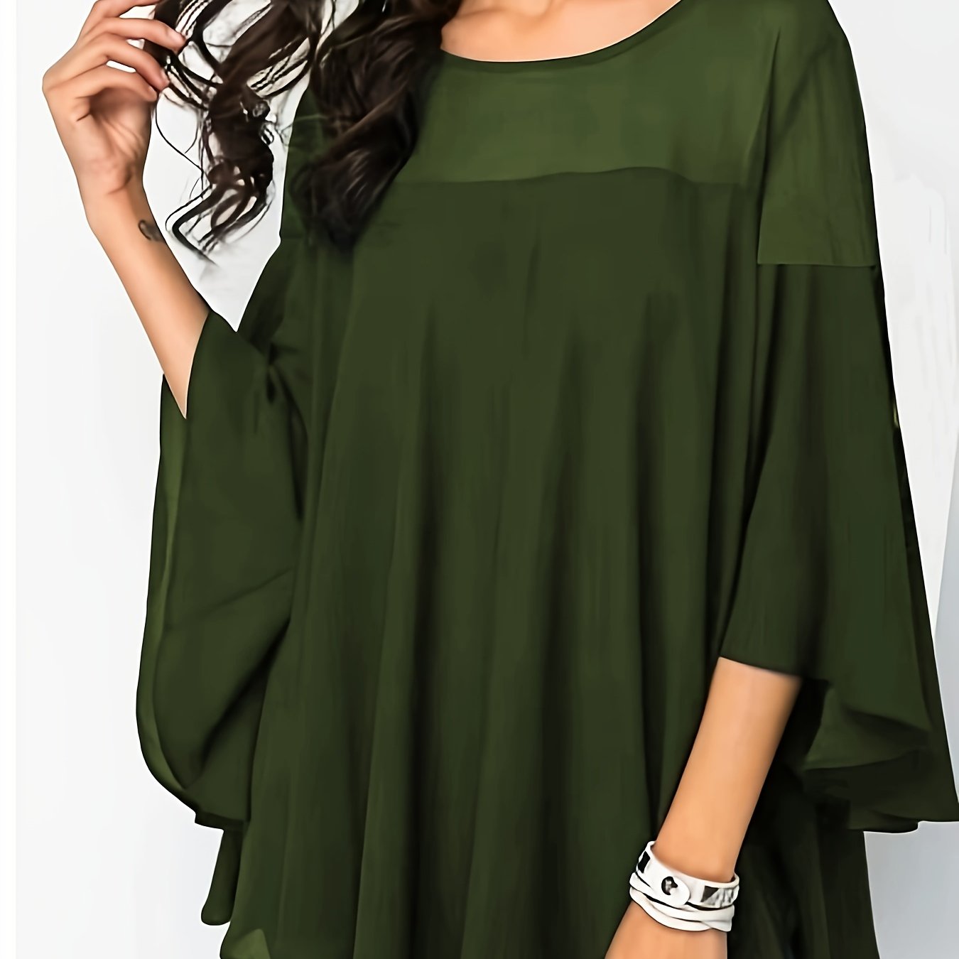 Plus Size Asymmetrical Hem Blouse, Casual Solid Crew Neck Blouse For Spring, Women's Plus Size Clothing