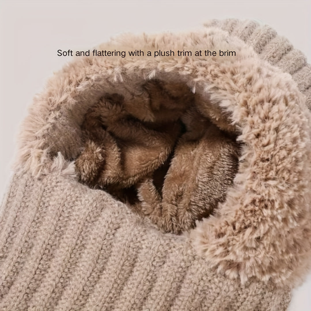 1pc Winter Warmth Acrylic Fleece-Lined Knit Beanie with Ear Flaps, Windproof Neck Gaiter Hood for Outdoor Cycling, Stretchable New Year'S Gift Hat, 100% Acrylic Woven Craftsmanship