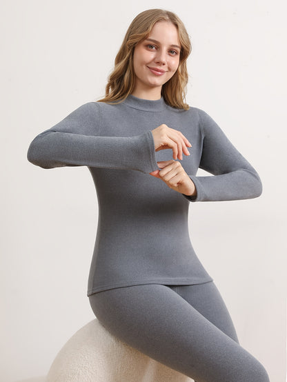 Set Of 2pcs, Women's Plush Lined Warm Base Top And Pants Set, Solid Color, Elastic Leisure Warm And Comfortable Underwear For Fall And Winter