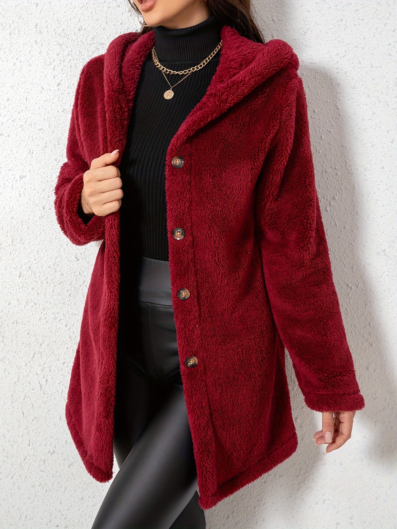 1pc Elegant Women'S Fleece Jacket, Polyester Knit Fabric, Solid Color, Fall/Winter Season, Cozy Warm Outerwear