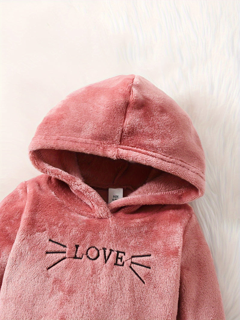 2-piece Baby's LOVE Embroidery Warm Fuzzy Hoodie + Cute Bear Bag + Casual Pants, Toddler &amp; Infant Girl's Outdoor Clothing Set For Fall Winter