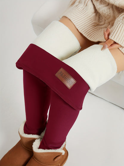 Women's Plush-Lined High Waist Leggings, Elastic And Comfortable, Casual Style Warm Pants For Winter, For Thermal Wear