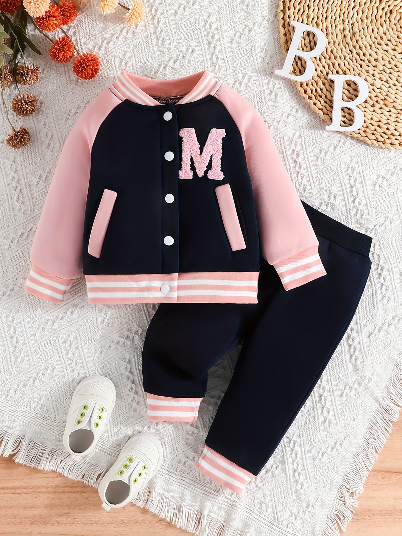 Cute Casual Outfits, Toddler Girls Letter Pattern Baseball Coat Pants Set For Spring And Autumn Outdoor Clothing