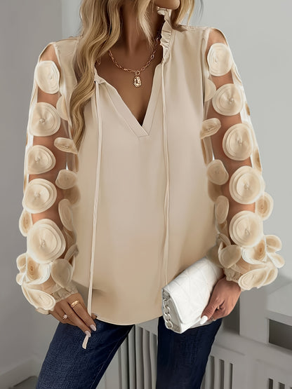Plus Size Women'S Elegant White Blouse with Floral Mesh Sleeves - Long Sleeve, Notched Collar, Oversized Fit, Perfect for Night Outs, Casual to Formal Attire, Plus Size Blouse | Floral Pattern Top | Mesh Fabric Detail, Plus S