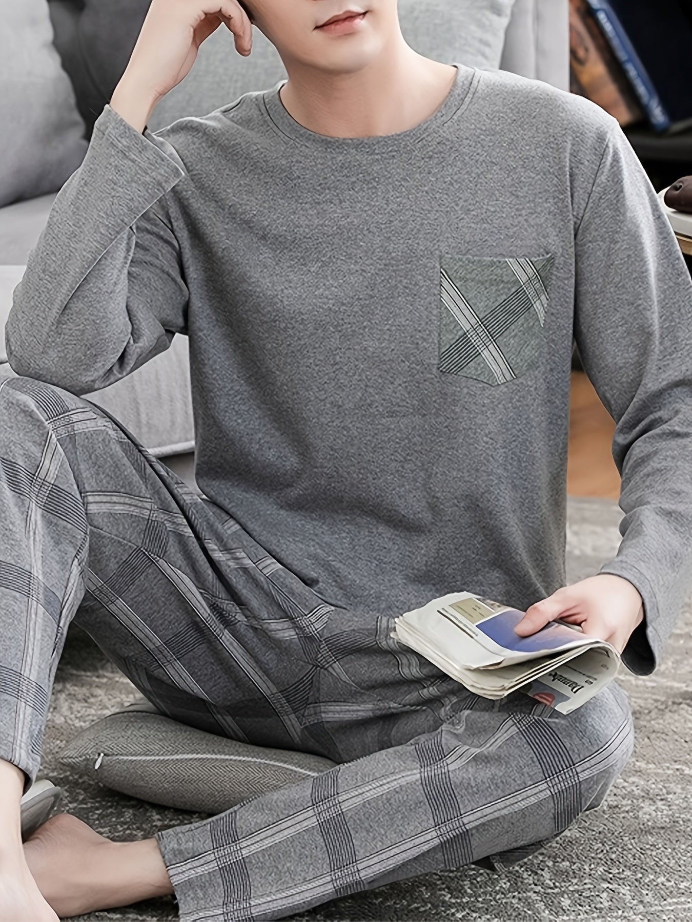 Men's Cozy Gray Long Sleeve Round Neck Top with Plaid Pants Pajama Set - Polyester, Machine Washable, Ideal for Home or Outdoor Wear