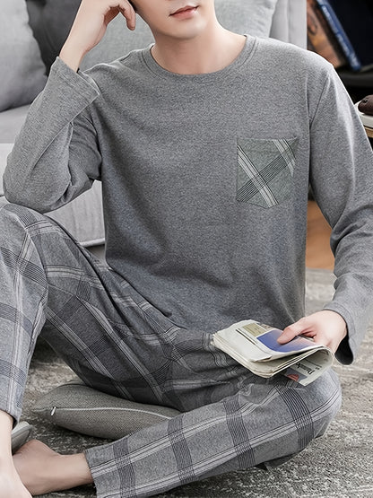 Men's Cozy Gray Long Sleeve Round Neck Top with Plaid Pants Pajama Set - Polyester, Machine Washable, Ideal for Home or Outdoor Wear