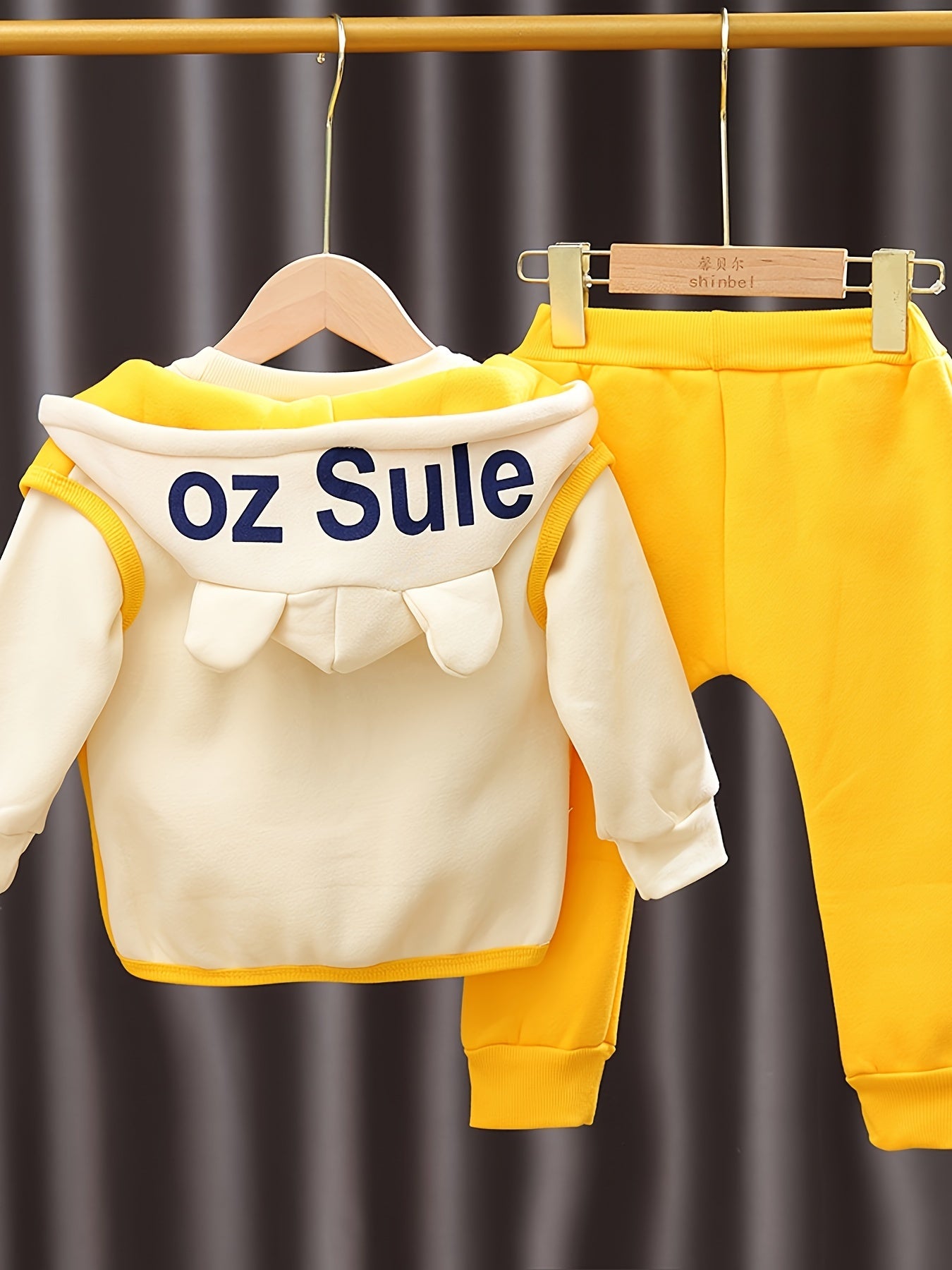 Conjunto de tres piezas de abrigo con capucha de terciopelo de doble cara para niñas pequeñas con dibujos de oso, sudadera y pantalones, para otoño e invierno, con gorro grueso y casual, para exteriores.