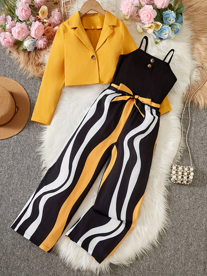 Conjunto de niña: Blazer corto de manga larga + camisola + mono de rayas. Incluye cinturón [patrón de rayas aleatorio] y ropa de exterior.