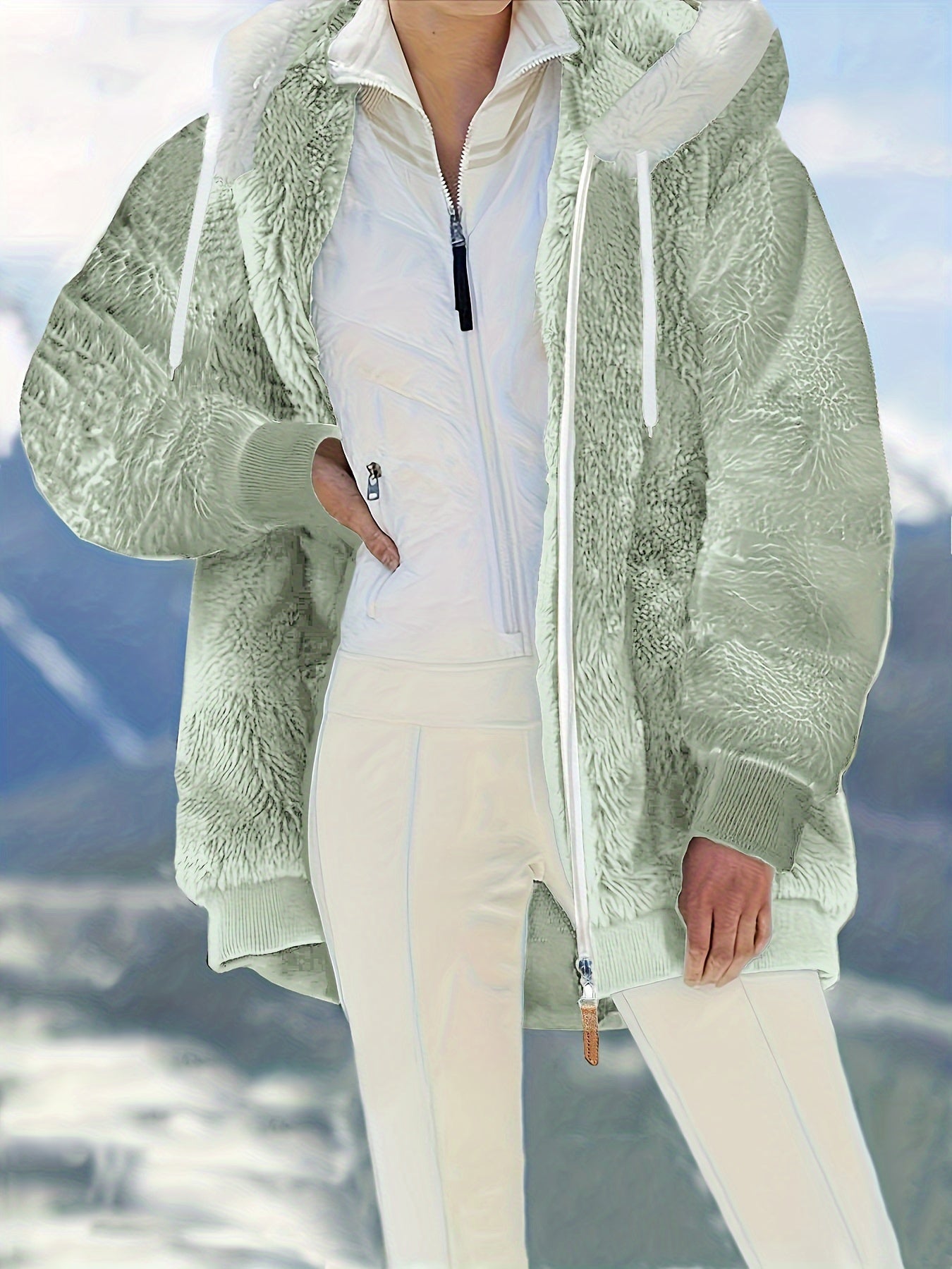 Plus Size Fuzzy Hooded Coat, Casual Long Sleeve Zipper Coat With Pockets, Women's Plus Size Clothing