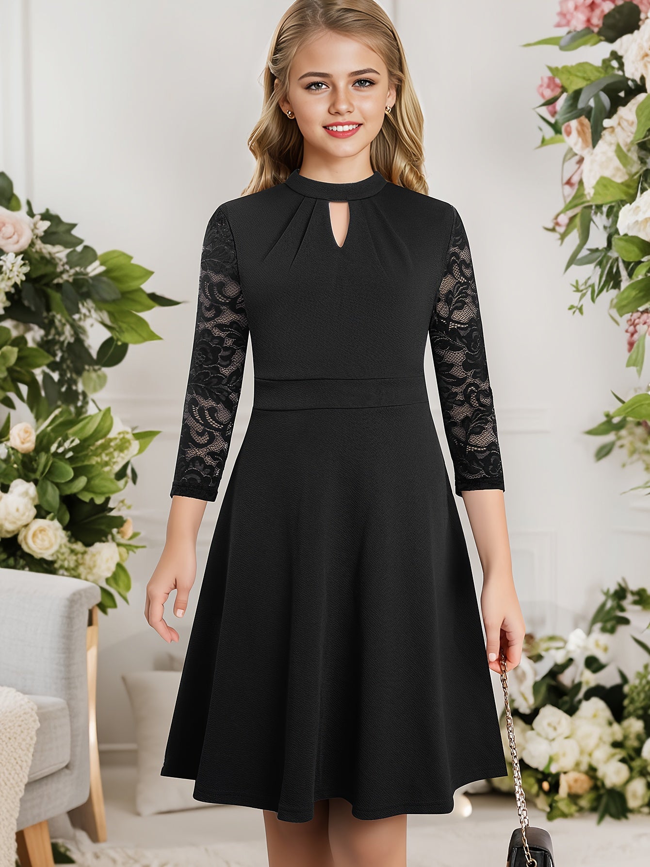 Elegant Girls' Lace-Trimmed Pleated Dress with Keyhole Neckline - Perfect for Parties, Spring & Fall - Machine Washable