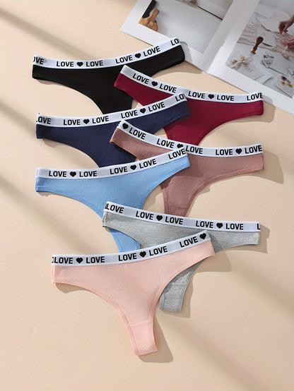 7pcs Letter Print Cotton Thongs, Sexy Comfy Breathable Stretchy Intimates Panties, Women's Lingerie & Underwear