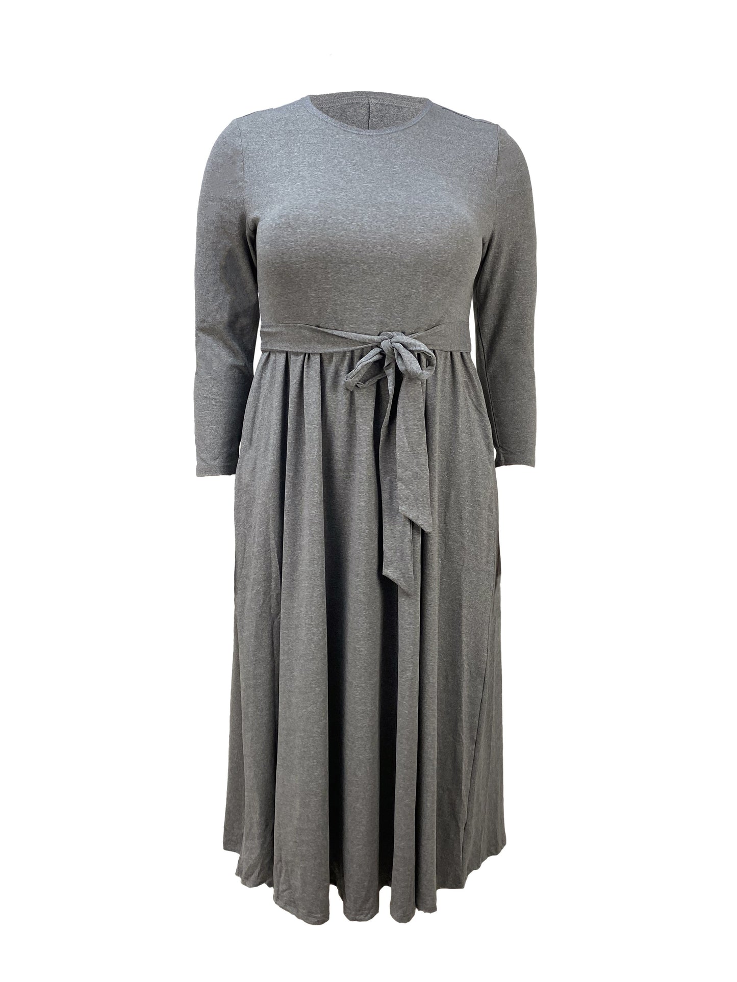 Plus Size Elegant Gray Maxi Dress with Belt - Stretchy Polyester, Long Sleeves, Round Neck, Ruffle Hem & Pockets - Machine Washable for Spring/Fall, TB6422, Waist-cinching, Long Dress