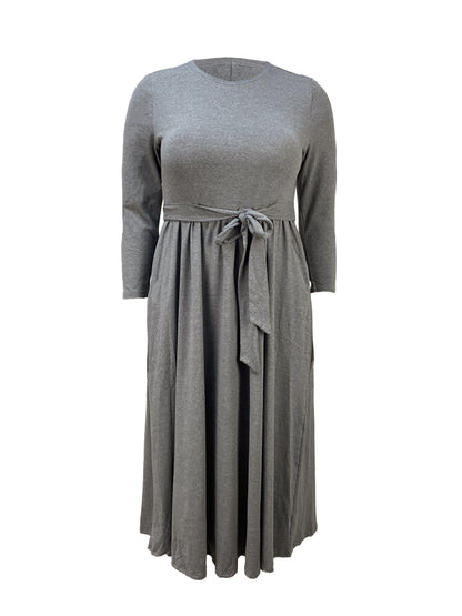 Plus Size Elegant Gray Maxi Dress with Belt - Stretchy Polyester, Long Sleeves, Round Neck, Ruffle Hem & Pockets - Machine Washable for Spring/Fall, TB6422, Waist-cinching, Long Dress