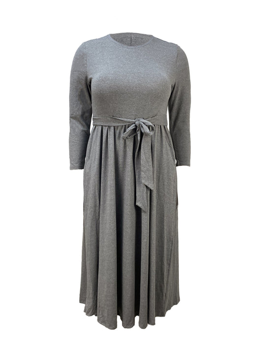 Vestido largo elegante gris de talla grande con cinturón - Poliéster elástico, mangas largas, cuello redondo, bajo con volantes y bolsillos - Lavable a máquina para primavera/otoño, TB6422, Vestido largo ceñido.