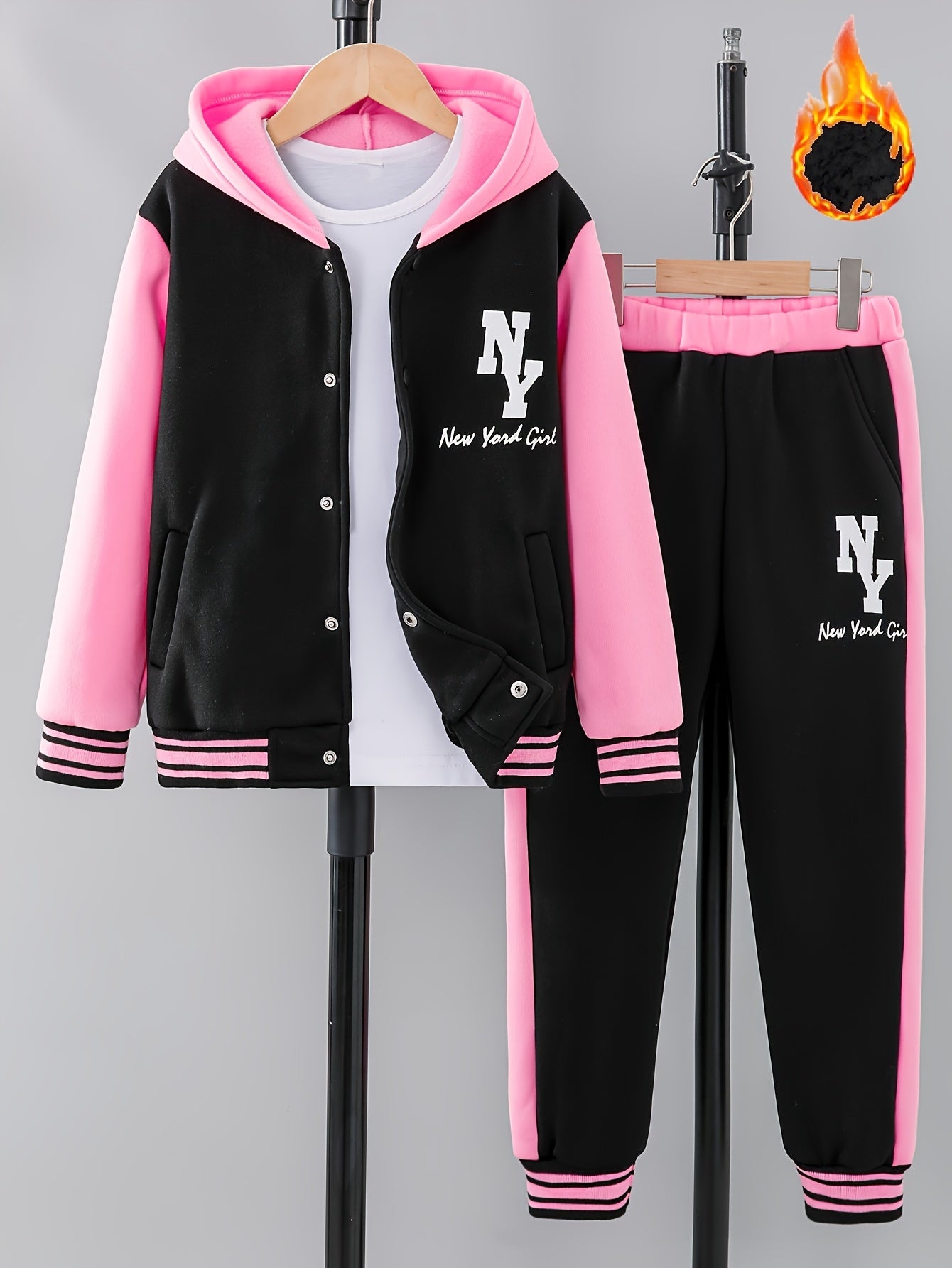 'NY' Letter Print Girl's Preppy Outfit, Color Block Hooded Varsity Jacket + Sweatpants Set Comfy Stylish 2-piece Girls Winter/ Fall Outdoor Clothes