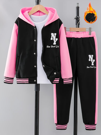 'NY' Letter Print Girl's Preppy Outfit, Color Block Hooded Varsity Jacket + Sweatpants Set Comfy Stylish 2-piece Girls Winter/ Fall Outdoor Clothes