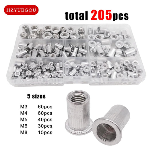 70/205pcs/box Aluminum Insert Rivet Nut Rivnut Nutert Mix M3 M4 M5 M6 M8 Size Set Assortment Kit Flat Head High Quality 