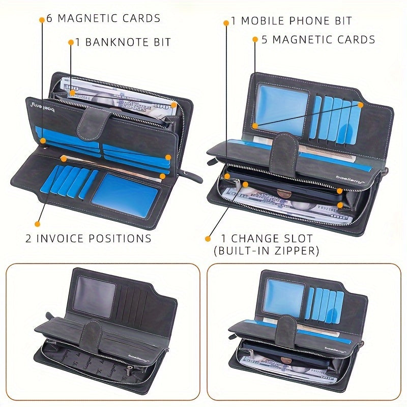 Slim Business Style Long PU Leather Wallet With Wrist Strap, Bi-fold Large Capacity Card Holder