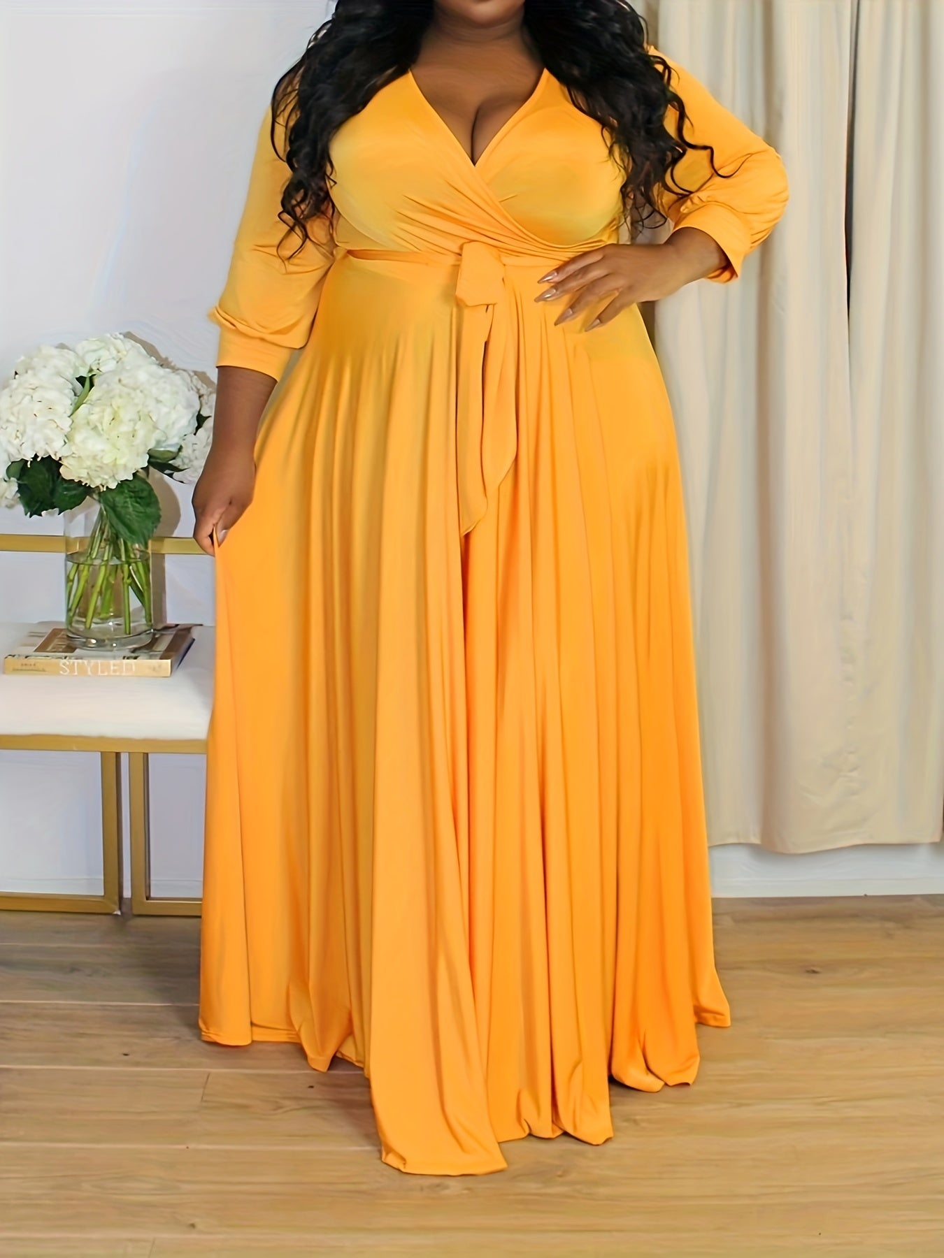 Plus Size Solid Color Tie Waist Dress, Elegant Long Sleeve Surplice Neck Maxi Dress For Spring & Fall, Women's Plus Size Clothing