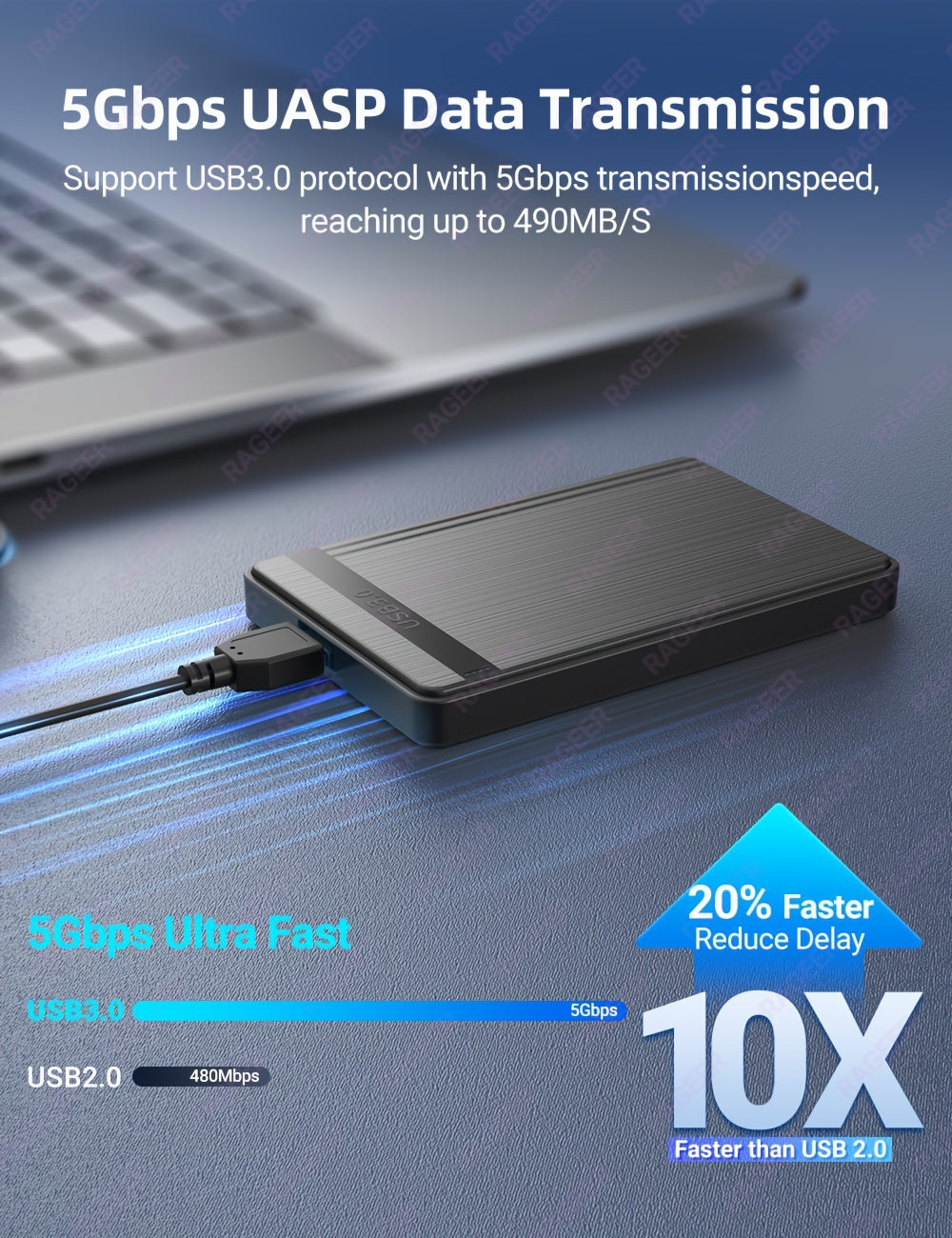 Rageer USB 3.0 Sata 2.5" Hdd Enclosure - High-Speed Data Transfer, Easy Install, Fits 7mm/9.5mm Drives, Compatible With Laptops & Pcs