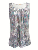 Women's Plus Size Summer Gradient Print Sleeveless Tank Top - V-Neck with Circular Ring Accents, Stretchy Casual Vacation Top, Machine Washable Elegant Resort Wear, Ladies Tank Tops, Beachwear Essentials, Textured Appearance