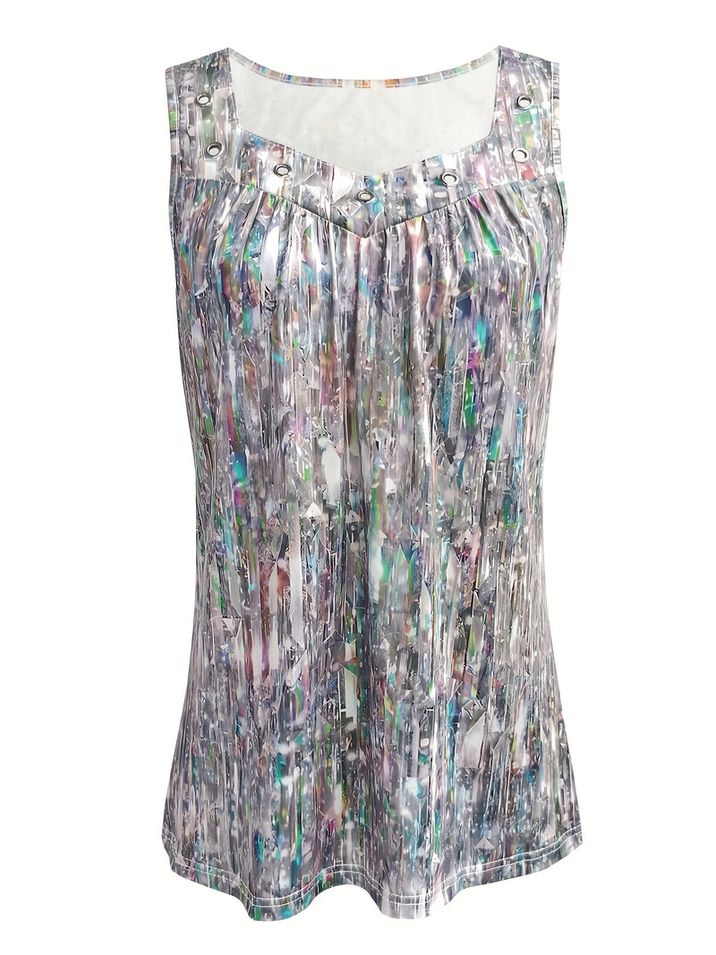 Women's Plus Size Summer Gradient Print Sleeveless Tank Top - V-Neck with Circular Ring Accents, Stretchy Casual Vacation Top, Machine Washable Elegant Resort Wear, Ladies Tank Tops, Beachwear Essentials, Textured Appearance