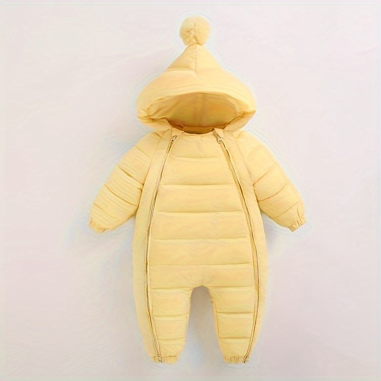 Mono acolchado de invierno para bebé, abrigo informal con capucha y pompón, mono cálido con cremallera frontal, ropa de exterior para bebés y niños pequeños.