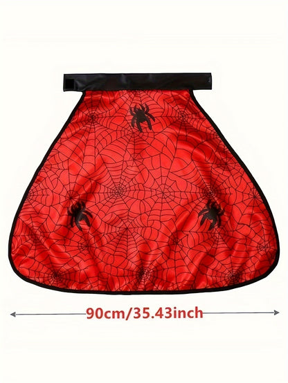 Boys Spider Web Cape With Halloween Mask And Wrist Cuffs, Vibrant Hero Character Outfit Set, Perfect For Party Enthusiast, Party Style