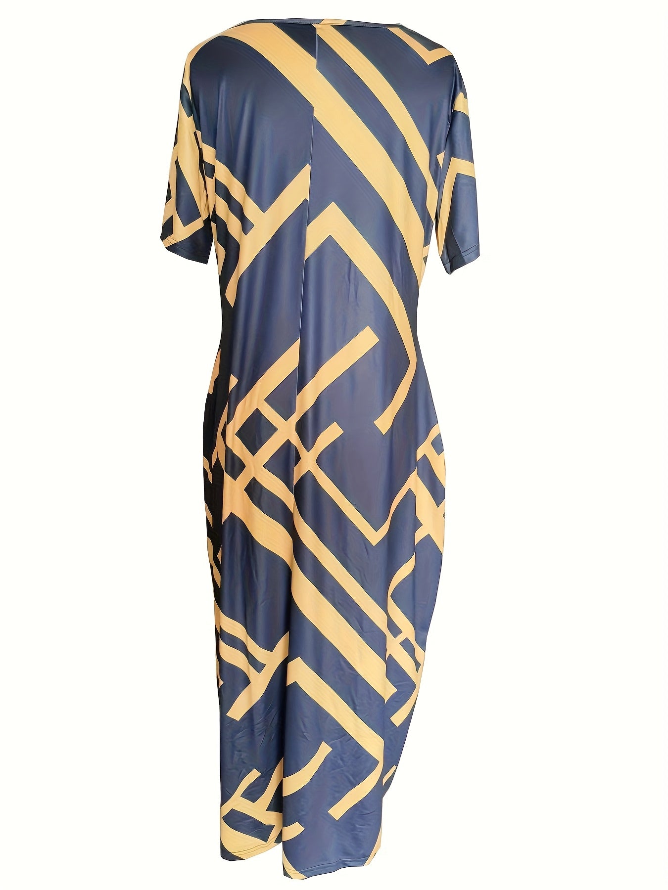 [1pc Plus Size Geometric Print Maxi Dress] 1pc Plus Size Geometric Print Maxi Dress, Stretchy Polyester Knit, Round Neck, Short Sleeve, Casual Loose Fit with Pockets, All-Season Versatile Style