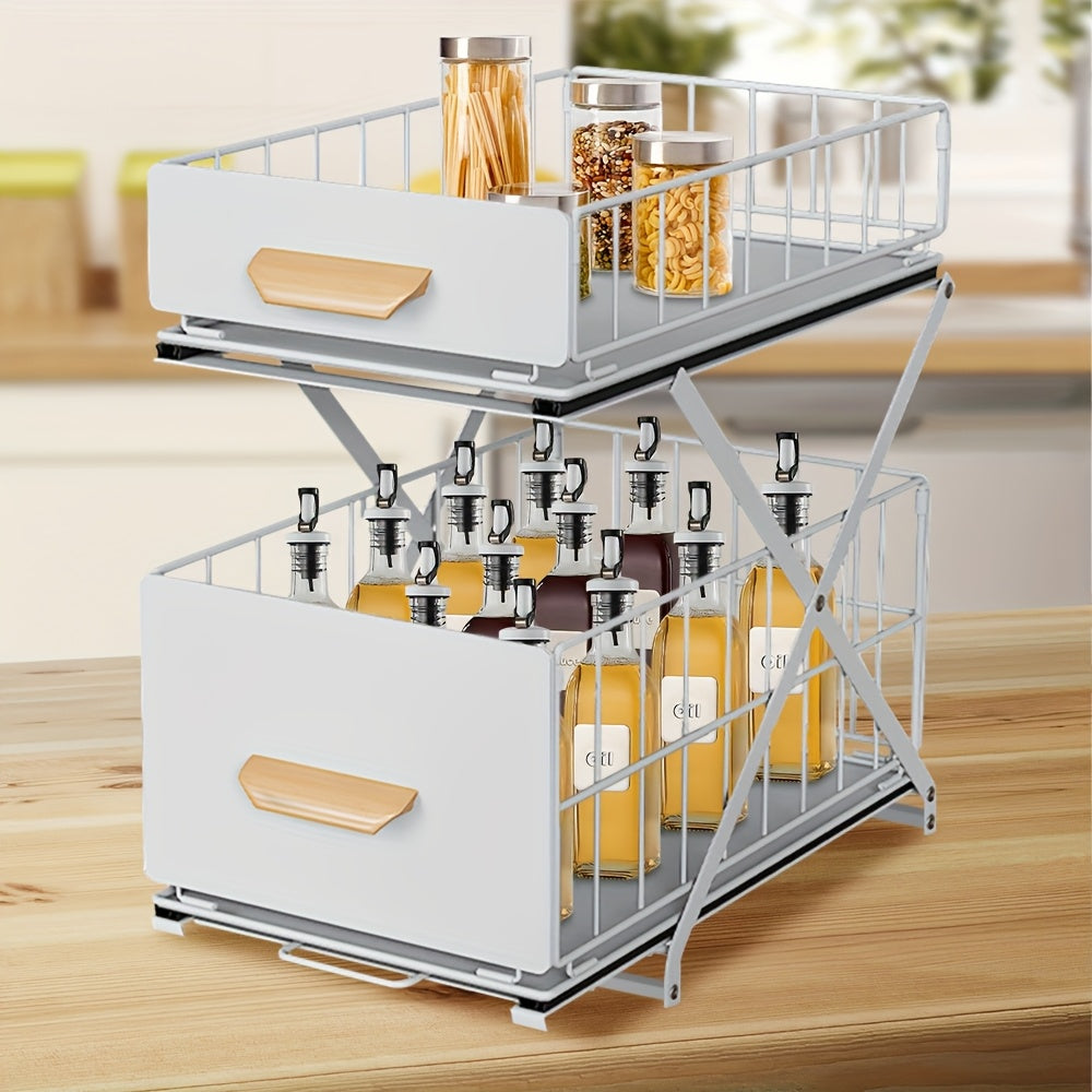 Closet Folding Storage Rack, 2-Layer Pull-Out Spice Rack, Wooden Handle, For Sink Countertop Closet, 26x40x43cm