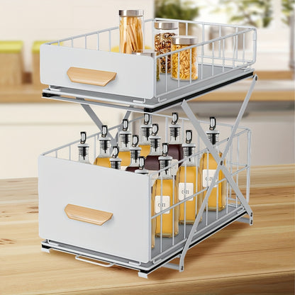 Closet Folding Storage Rack, 2-Layer Pull-Out Spice Rack, Wooden Handle, For Sink Countertop Closet, 26x40x43cm