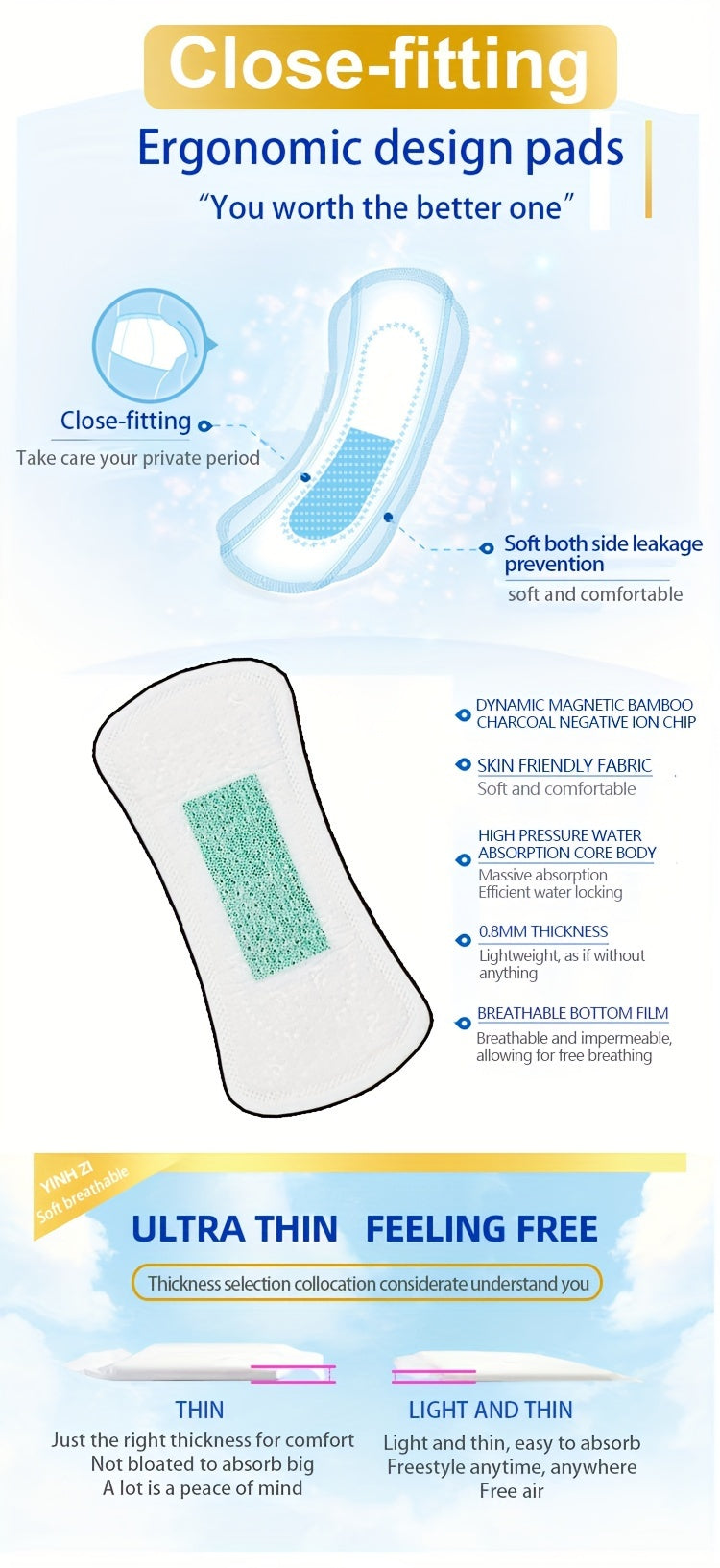 Compresas de iones negativos de carbón de bambú (20/40/50/100 unidades), compresas ultrafinas Wing, cómodas, suaves y sin fragancia. Compresas menstruales Wing, empaquetadas individualmente, cuidado personal femenino Hy