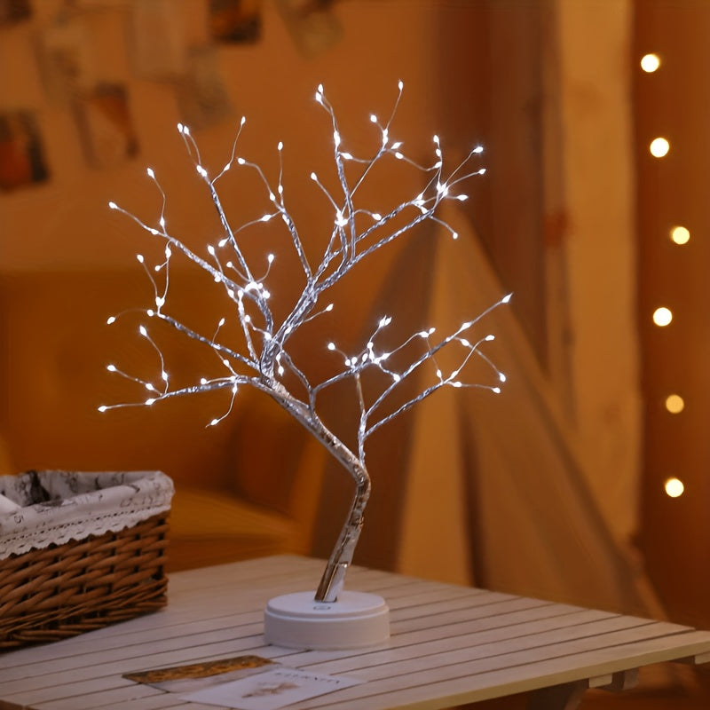 108 LED Bonsai Tree Lamp, Dual Power Battery/USB Touch Control, Energy-Efficient Warm White Decorative Light for Bedroom, Desk, Christmas & Indoor Party Decoration - Non-Waterproof, Plastic Shade